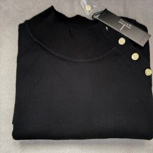 TAHARI Black & White Knit Top with Gold Accents